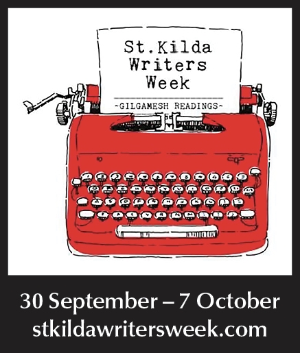 St Kilda Writers Week logo with red typewriter. 30 September - 7 October. stkildawritersweek.com